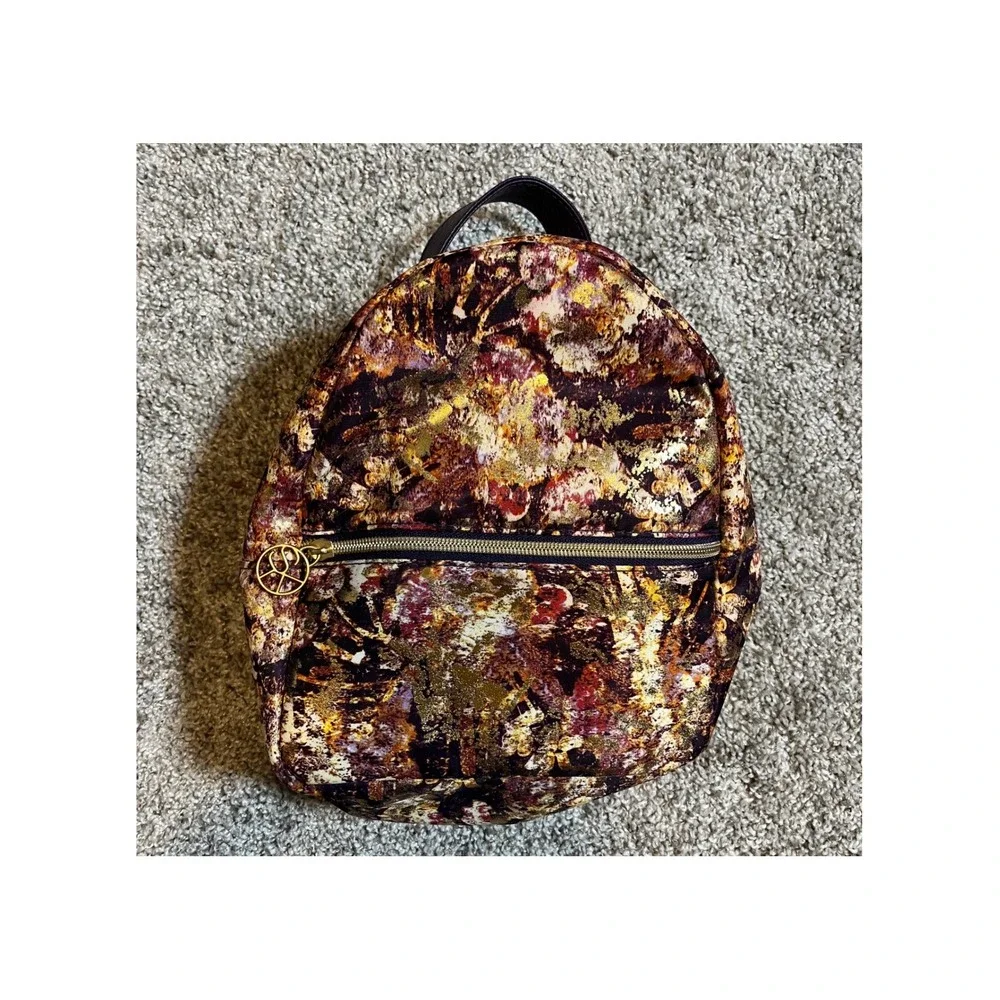 Sonia Kashuk Mini Backpack Cosmetic Bag Purple Gold Metallic Floral 9x7.5x4
